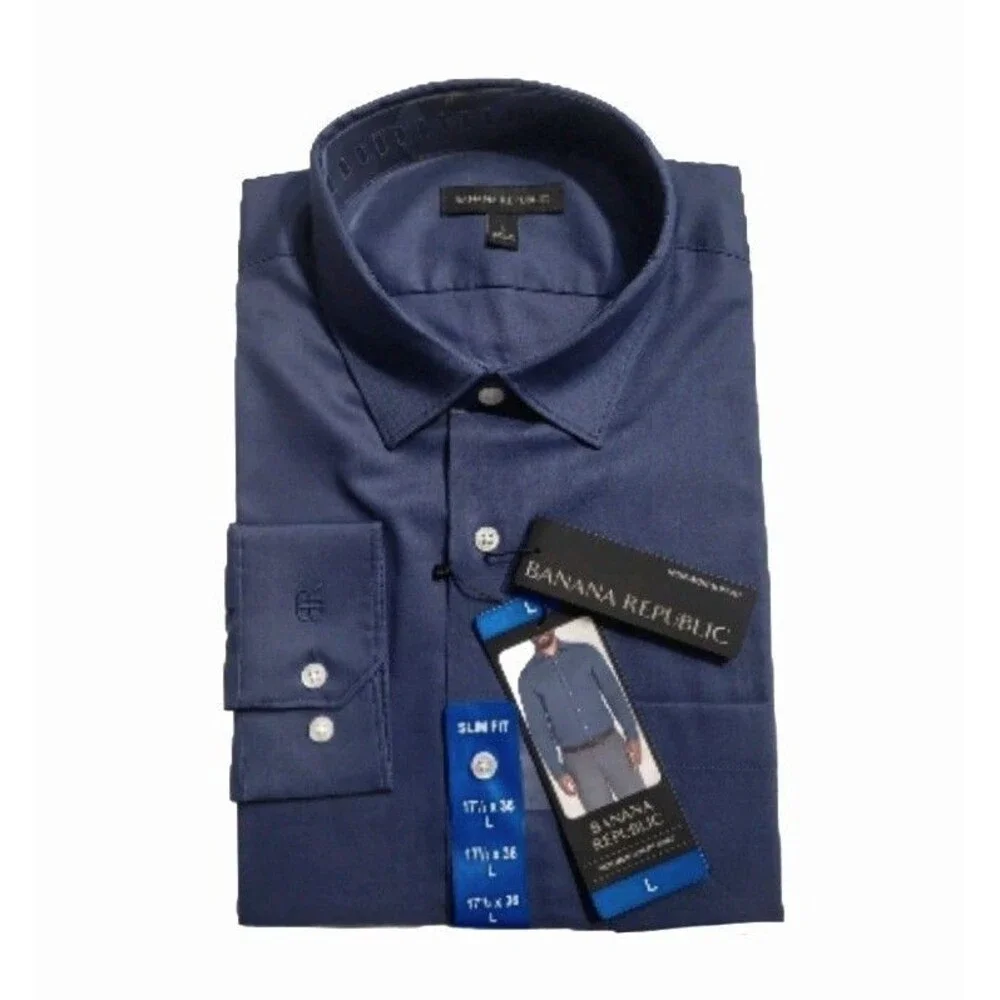 Banana Republic Men's L Slim Fit Non-Iron Cotton Button Dress Shirt Blue 17.5x36
